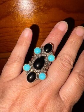 Turquoise and Black Onyx Statement 925 Ring - Women Jewelry